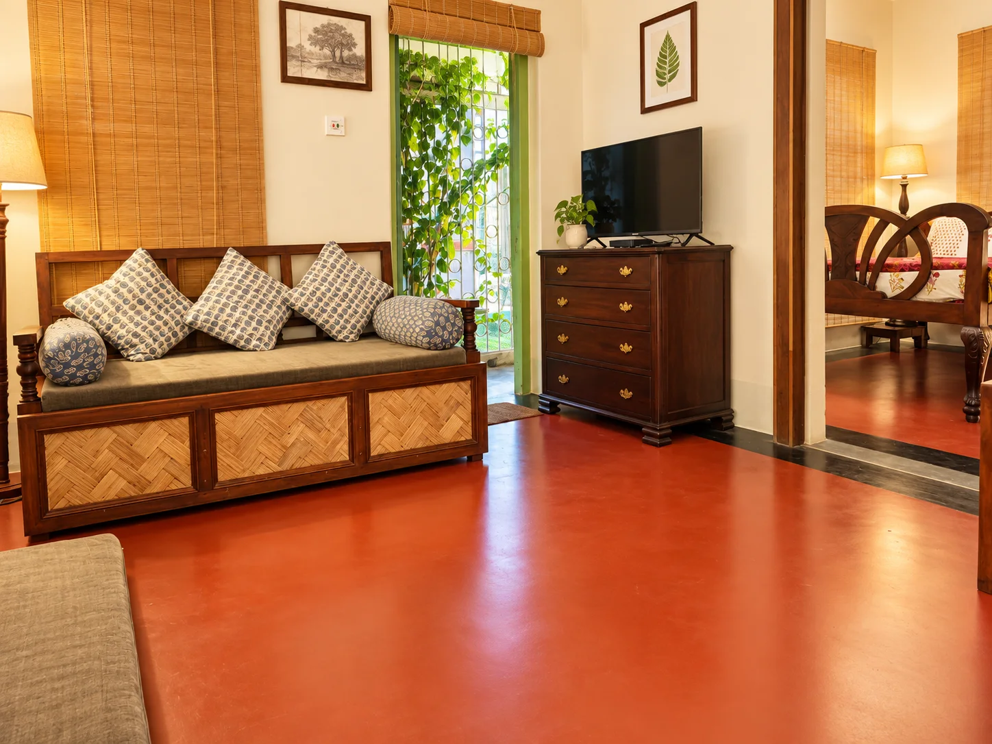 Twin at Central living room with restored wooden furniture